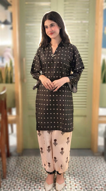 Black & Beige Contrast Printed Lawn Set